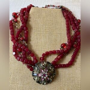 Premier‎ Designs Red Beaded Multi Strands Necklace with Jeweled Flower Pendant